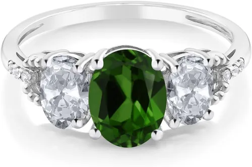 Miniatura 16 de Anillo de compromiso ovalado de oro blanco de 10 quilates con piedra natal y topacio blanco de 3 piedras con detalles de diamante Centro de 0.315