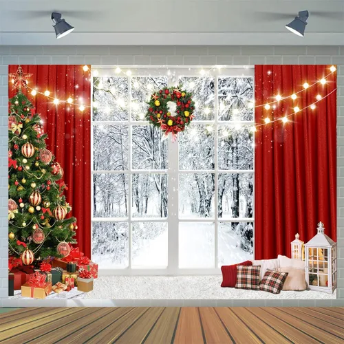 Telón de fondo navideño de 7 x 5 pies, telón de fondo de ventana navideña para fotografía, escena de nieve de invierno, decoración de fiesta de
