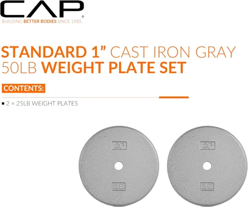 Miniatura 2 de CAP Barbell Placas de peso estándar de hierro fundido de 1 pulgada, individuales y juegos 1.25-50 libras Múltiples opciones Gris