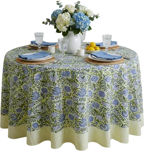 Miniatura 47 de ATOSII Mantel Redondo Bohemio Jade de Algodón 100%, Mantel de Lino con Estampado Floral de Bloques para Comedor, Fiestas, Bodas, Exteriores I