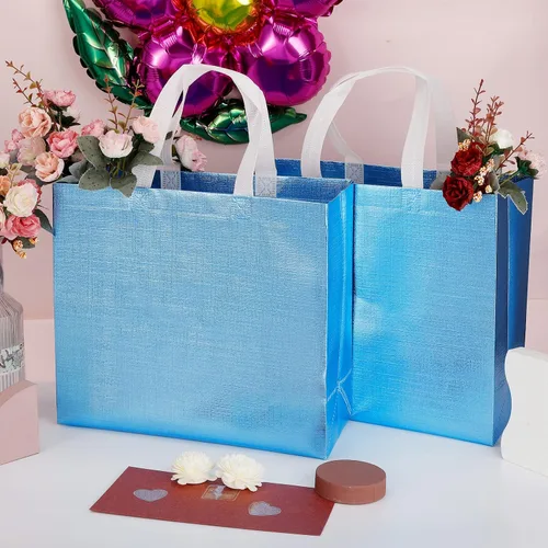 Miniatura 2 de 12 bolsas de regalo reutilizables, acabado brillante con asa, no tejidas, plegables para damas de honor