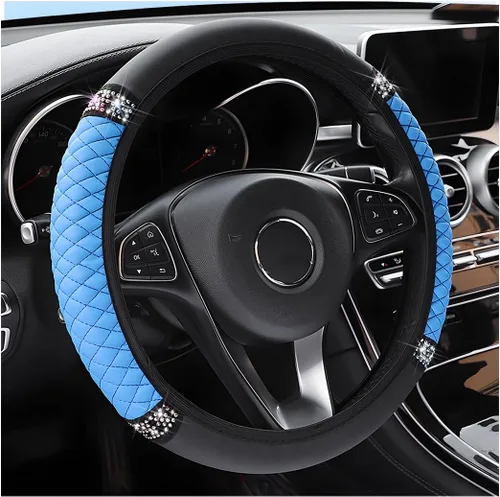 Miniatura 12 de Osilly Funda brillante para volante de automóvil, 15 pulgadas, con diamantes de imitación brillantes, piel suave, protector elástico, para mujeres