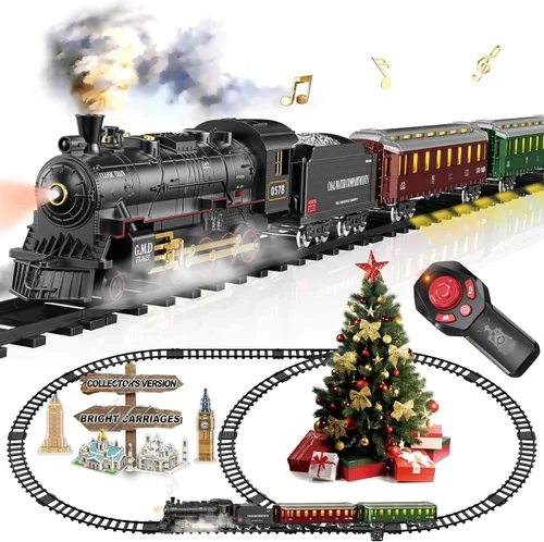 Miniatura 10 de Juego de tren eléctrico con control remoto de Navidad, locomotora de vapor, vagón de carga y pistas, juguetes de tren recargables para niños con 3