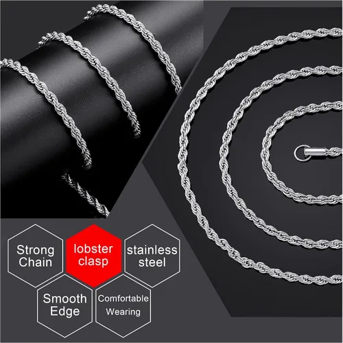 Miniatura 3 de Cadena de torzal de acero inoxidable chapada en oro real de 18quilates, cadena de 0.059, 0.098 y 0.196pulgadas de ancho (1.5, 2.5 y 5mm)