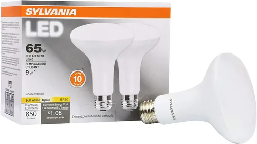 Sylvania - Bombilla LED Flood BR30, equivalente a 65 W, eficiente 9 W, 10 años, 650 lúmenes, regulable, 2700 K, blanco suave, paquete de 2 (73954)