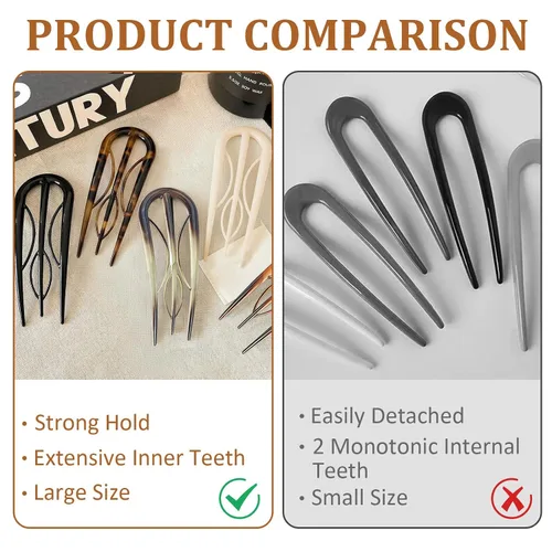 Miniatura 7 de Juego de 6 horquillas francesas, onduladas en forma de U, pinzas para el pelo retro con 3 dientes internos, ideal para moños de cabello fino