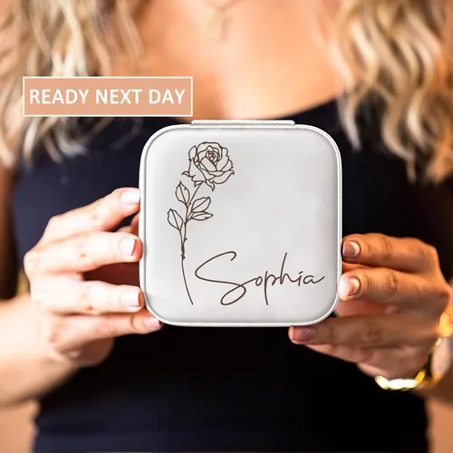 Miniatura 4 de DayOfShe Joyero de viaje personalizado con nombre y flor de nacimiento, regalos personalizados de dama de honor para mujeres, estuche de joyería