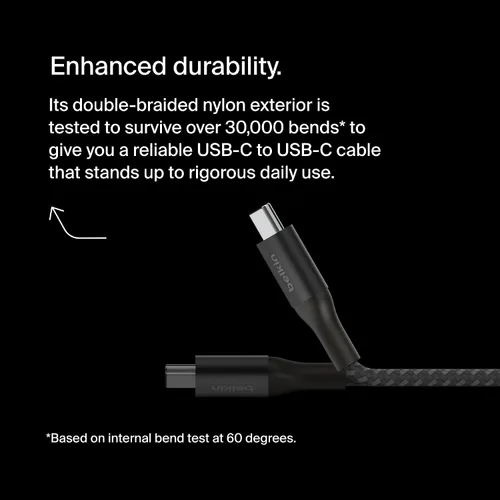 Miniatura 2 de Belkin BoostCharge - Cable USB C a USB C, cable de alimentación de carga rápida con cable de nailon trenzado, cabezal de aluminio anodizado, entrega