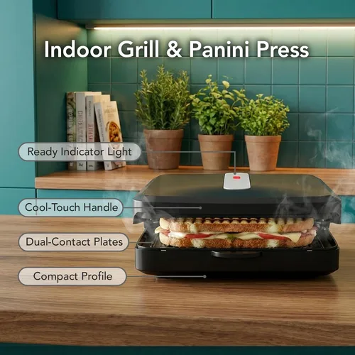 Miniatura 4 de OVENTE Parrilla eléctrica para interiores de 2 porciones y prensa para paninis con revestimiento antiadherente fácil de limpiar, se abre 180 grados