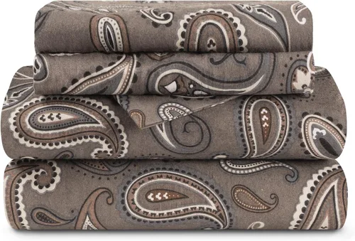 Miniatura 10 de Superior Juego de sábanas de algodón de franela con diseño paisley o sólido, sábanas cálidas y suaves, ropa de cama tradicional bohemia, incluye 1