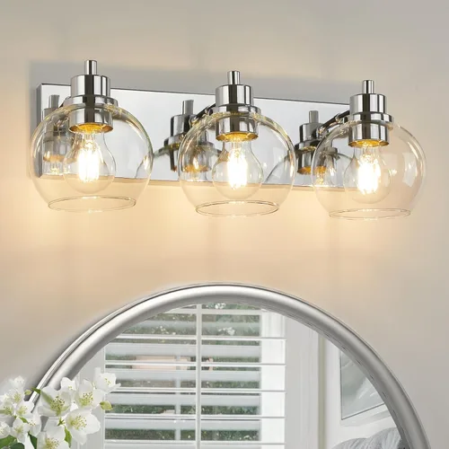 Miniatura 15 de Tuscarora Lámpara de tocador de baño de 3 luces, lámparas de baño negras y doradas, lámpara de tocador moderna con pantalla de vidrio transparente