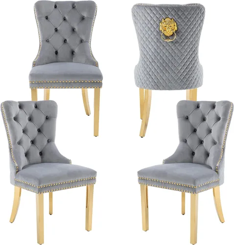 Miniatura 17 de Juego de 2 sillas de comedor de terciopelo Homedraft, colección Nikki para comedor con patas doradas de acero inoxidable y anillo de tirador