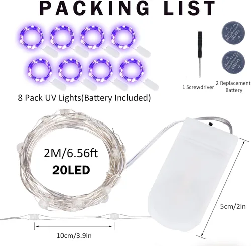 Miniatura 7 de Luces LED negras UV a pilas, paquete de 8 luces LED de 6.56 pies, 20 luces LED UV con cuentas flexibles de luz negra, luces moradas para tarro