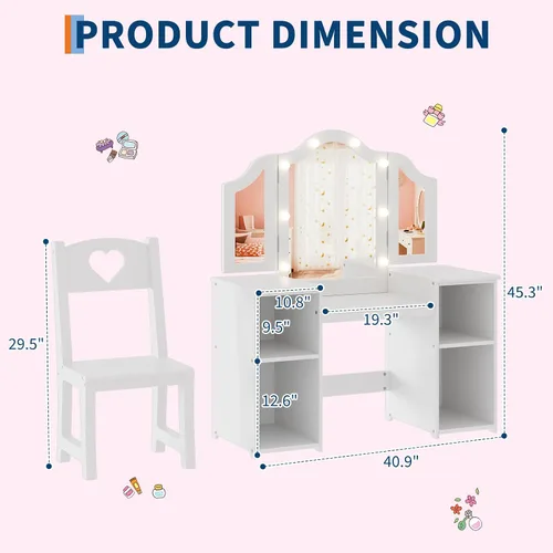 Miniatura 7 de GarveeHome Tocador para niños con luces, gabinete de almacenamiento y espejo plegable desmontable con luz táctil, juego de mesa y silla para niños