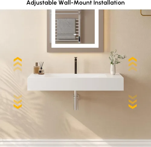 Miniatura 3 de Lavabo de Recipiente de 35'' Montaje en Pared Lavabo de Baño Lavabo Flotante en Forma de V Resina de Piedra en Blanco Mate En forma de V - Blanco