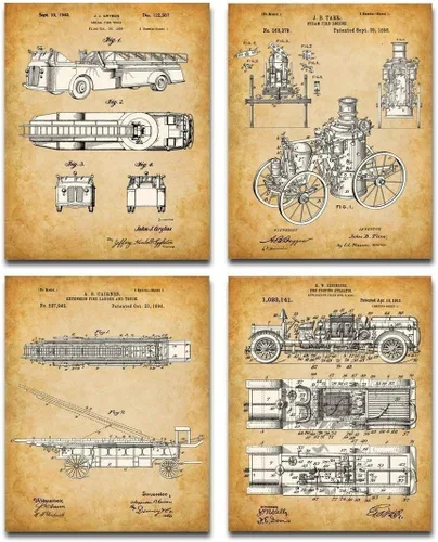 Impresiones artísticas originales de bomberos, juego de cuatro fotos (8 x 10) sin marco, hace una gran decoración de estación de bomberos y regalo