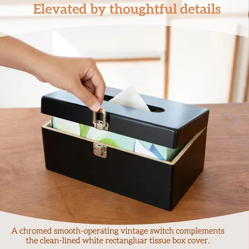Miniatura 6 de Funda rectangular negra para caja de pañuelos con interruptor de metal, soporte rectangular para caja de pañuelos con tapa, accesorios de baño