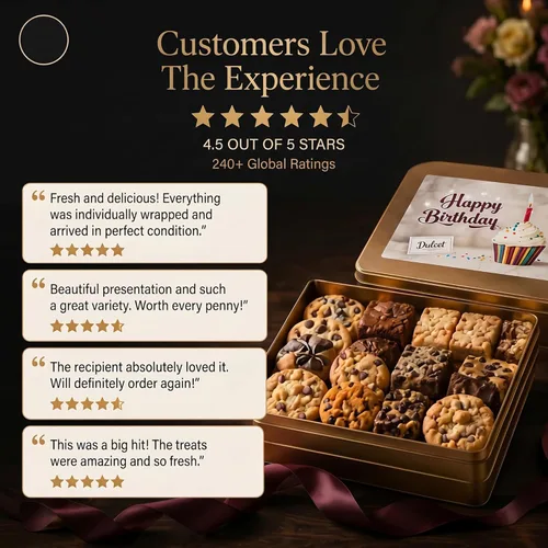 Miniatura 6 de Cesta de regalo gourmet de feliz cumpleaños, surtido de galletas y brownie recién horneados en elegante caja de lata reutilizable, regalos de comida