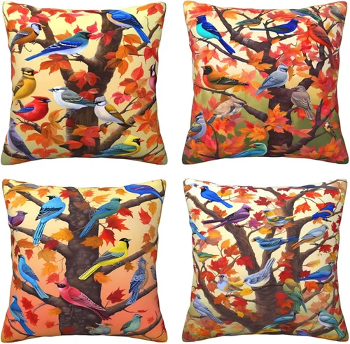 Ouqiuwa Juego de 4 fundas de almohada coloridas con diseño de pájaros de 12 x 12 pulgadas, cuadradas, decorativas, con hojas de arce otoñales, para