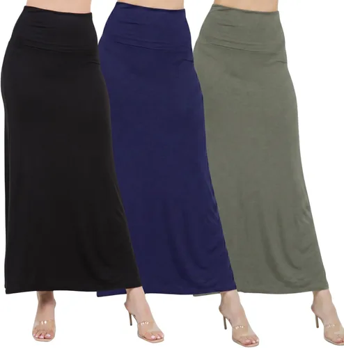 Miniatura 9 de Azules 3 Pack Women’s Maxi Skirt – Soft Stretchy Rayon Fold Over High Waist Long Flowy Boho Skirt for Casual or Dressy Wear