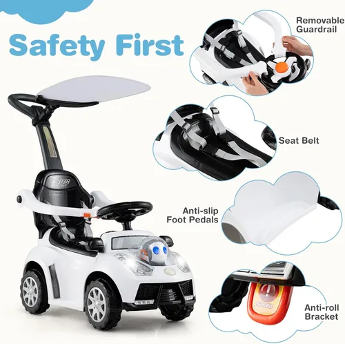 Miniatura 5 de Costzon Coche de empuje para niños pequeños, cochecito 3 en 1, auto deslizante para caminar con asa, toldo, cinturón de seguridad, bocina, música