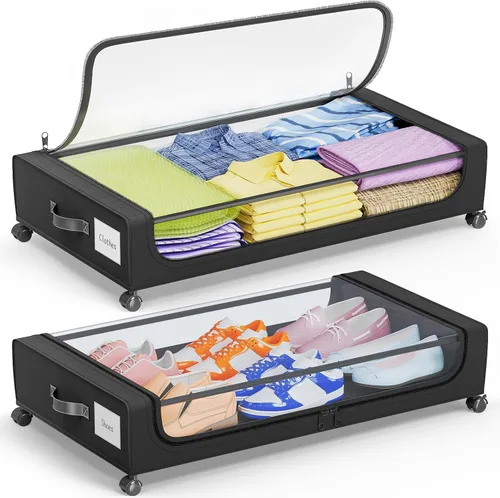 Camkey® Almacenamiento debajo de la cama con ruedas de 360°, paquete de 2 unidades, contenedores rodantes de bajo perfil de 60L debajo de la cama