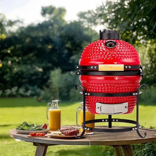 Miniatura 4 de Vasitelan Parrilla de carbón portátil de cerámica de 13 pulgadas, parrilla de carbón Kamado BBQ (rojo)