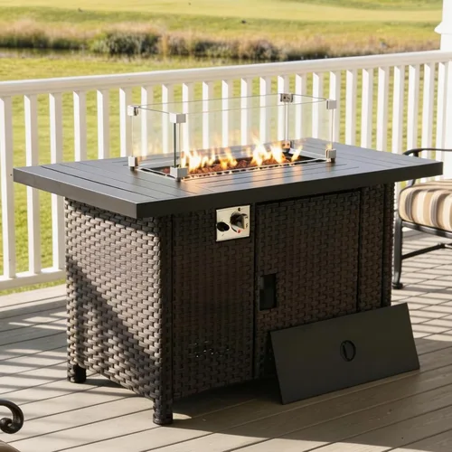 Mesa para fogata de propano, 46 pulgadas, con certificación ETL de 55,000 BTU, mesa de gas para exteriores con protector de viento de vidrio y rocas