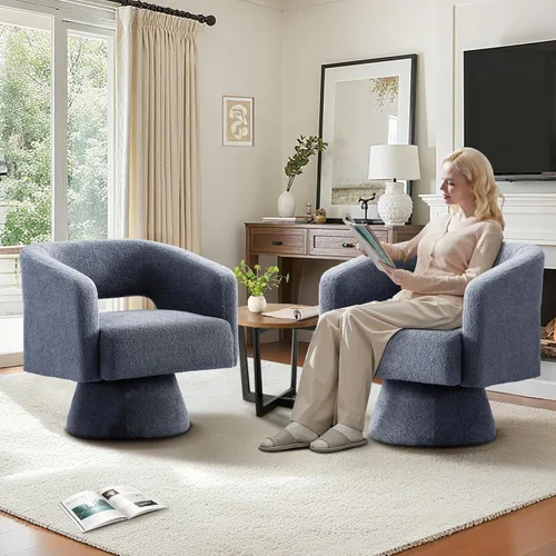 Miniatura 16 de ClinQ Silla giratoria de barril acento, juego de sillas redondas tapizadas de teddy extragrandes, silla de tocador moderna de lujo de 360°