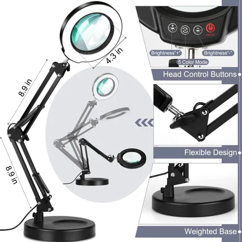 Miniatura 6 de Lupa 12X con luz, botón de actualización Krstlv 5 modos de color, regulable 2 en 1, lámpara de escritorio con luz LED 2 en 1, lupa manos libres