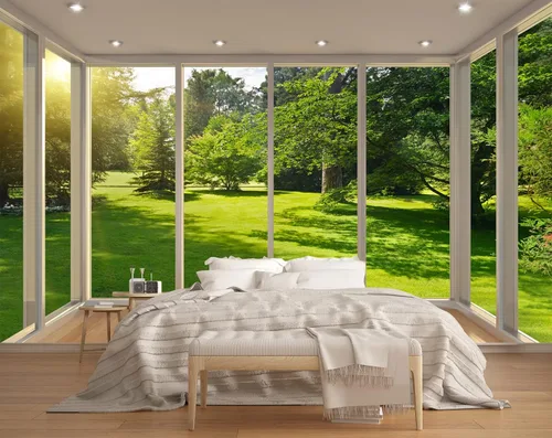 MFWFM - Mural de pared 3D con vista de ventana, papel pintado de jardín con árboles verdes y bosque para dormitorio, sala de estar, fondo de TV (no