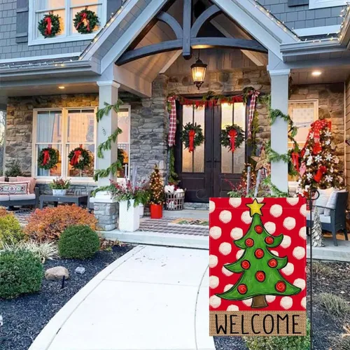 Miniatura 5 de PANDICORN Bandera de Jardín Feliz Navidad 12x18 Pulgadas Doble Cara, Bienvenida Árbol de Navidad Lunares Rojo Invierno Vacaciones Patio Arpillera
