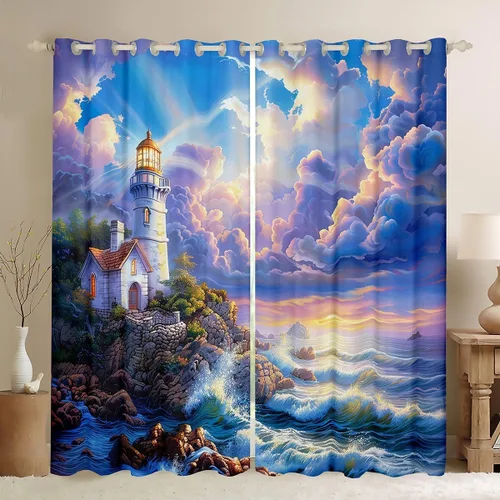 Miniatura 23 de Erosebridal Nautical Lighthouse Blackout Curtains 30-50% Navigation Theme Curtains for Women Men Watercolor Seascape Window Treatments Coastal Night