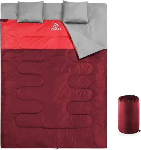 Miniatura 8 de oaskys Saco de dormir doble para adultos con 2 almohadas – Saco de dormir impermeable tamaño Queen XL para todas las estaciones, camping, Rosa