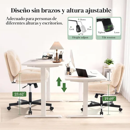 Miniatura 6 de Silla cruzada gruesa, acolchada, ergonómica, con patas cruzadas, con ruedas, silla giratoria sin brazos, altura ajustable para computadora