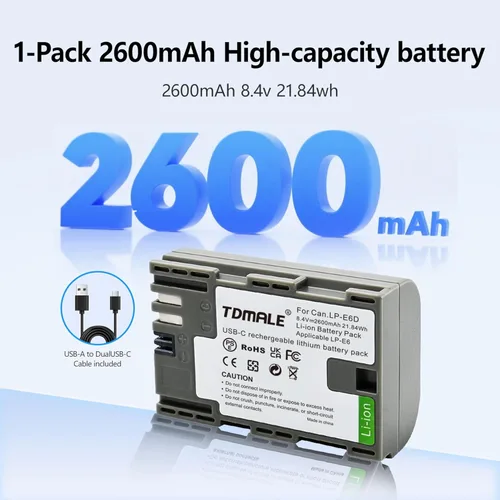 Miniatura 2 de Paquete de 1 batería de repuesto de 2600 mAh para LP-E6NH LP-E6N LP-E6 con puerto de carga directa tipo C compatible con cámara Canon EOS R R5 R6 R7