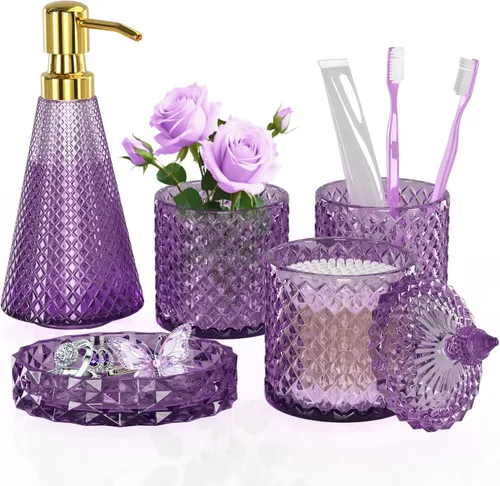 Miniatura 10 de Juego de accesorios de baño rosa intenso de vidrio 5 piezas, juego de baño rosa intenso, juego de dispensador de jabón y soporte para cepillo