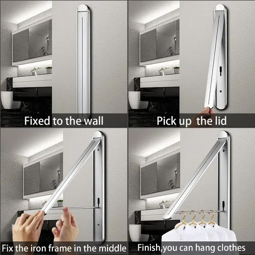 Miniatura 7 de Tendedero plegable para interiores y exteriores, universal, montado en la pared, estante de secado retráctil para ropa para lavandería, organización