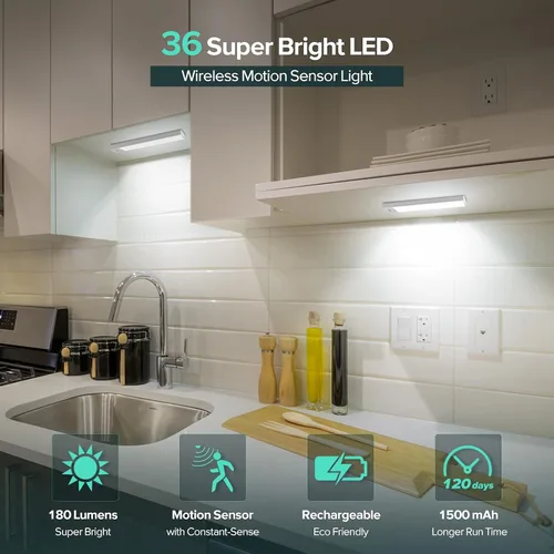 Miniatura 2 de BLS 36 luces LED de armario alimentadas por pilas, iluminación súper brillante debajo del gabinete, sensor de movimiento interior, inalámbrico, 1500