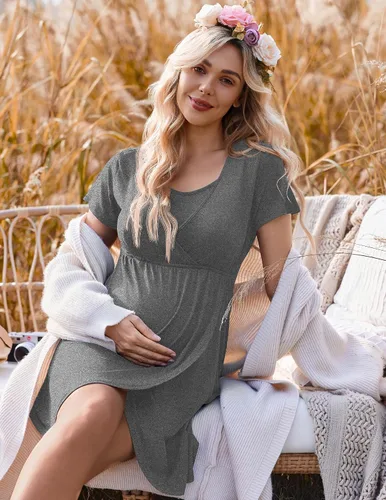 Miniatura 5 de Ekouaer Camisón de enfermería 3 en 1 camisón de maternidad de manga corta vestido de enfermería para lactancia materna ropa de dormir vestido