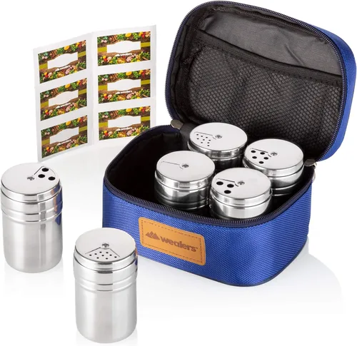 Miniatura 2 de Despachador de condimentos de acero inoxidable portable, juego de 6 unidades con tapas rotativas y bolsa de viaje, salero y pimientero, despachador