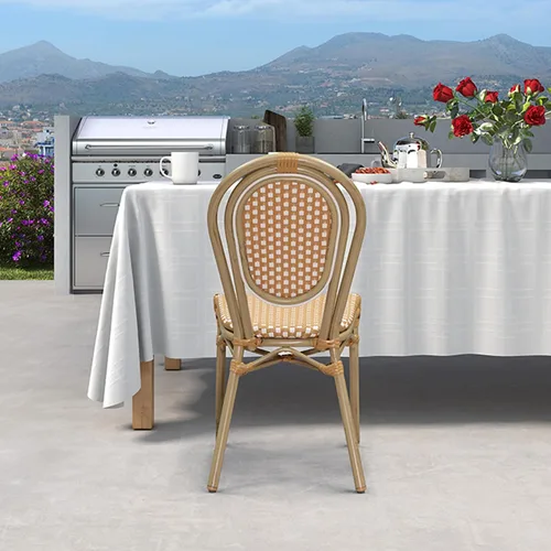 Miniatura 50 de PURPLE LEAF Juego de 1 silla de comedor al aire libre, marco de aluminio francés en acabado de bambú con ratán tejido ámbar y blanco para cocina