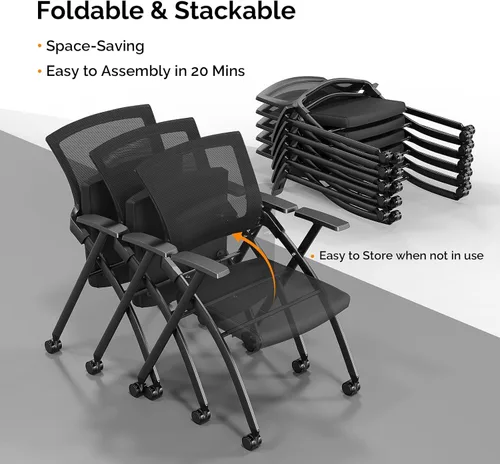 Miniatura 4 de Karl home Silla de oficina plegable ergonómica con cojín grueso, cómoda silla de oficina plegable con brazos y ruedas para reuniones de oficina