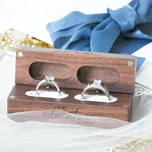 Miniatura 6 de Caja de madera grabada con 2 anillos para boda, caja de almacenamiento rectangular de madera maciza rústica vintage