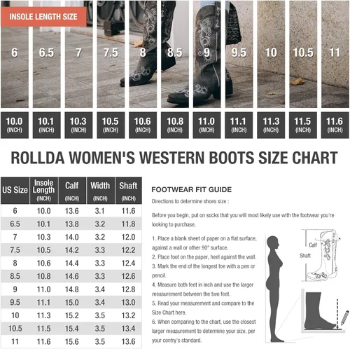Miniatura 2 de Rollda Botas vaqueras para mujer, botas vaqueras bordadas a media pantorrilla, botas occidentales para mujer, botas desgastadas con pestañas