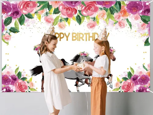 Miniatura 5 de Telón de fondo de caballo para fiesta de feliz cumpleaños, vaquera occidental, caballos, fondo floral rosa, pancarta de cumpleaños, decoración