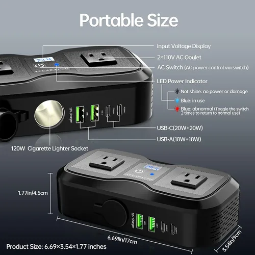 Miniatura 6 de Inversor de corriente para coche 7 en 1, inversor de corriente para coche de 200 W de CC 12 V a 110 V de CA con voltímetro LED, carga de 4 puertos