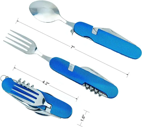 Miniatura 2 de Juego de cubiertos plegables multifunción de 6 en 1 para camping, cuchillo plegable con bolsillo desmontable y estuche de transporte (Oro + Azul)