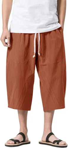 Miniatura 2 de MAGNIVIT Pantalones capri de lino y algodón para hombre, ajuste holgado, cintura elástica, pierna ancha, pantalones harén holgados