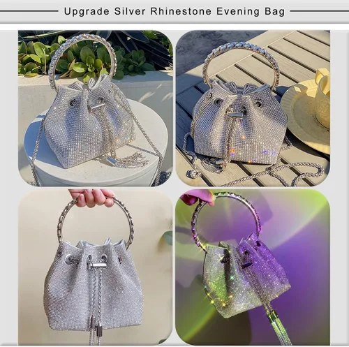Miniatura 3 de TOPALL Bolsa de noche con diamantes de imitación, monedero plateado brillante con diamantes de imitación para mujer, fiesta, club, boda, plateado